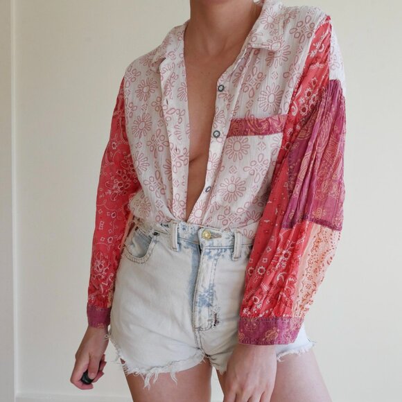 Free People Red and White Button Down Shirt - Picture 1 of 13